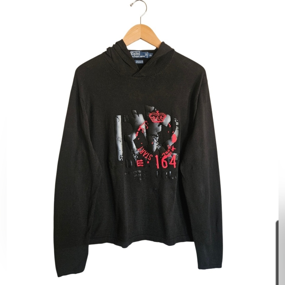 Vintage Polo Ralph Lauren Black Knit Hoodie with Red Graphic Size XL